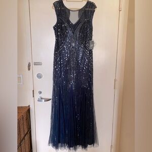 Adrianna Papell Navy Sequenced Long Beaded Gown Size 14